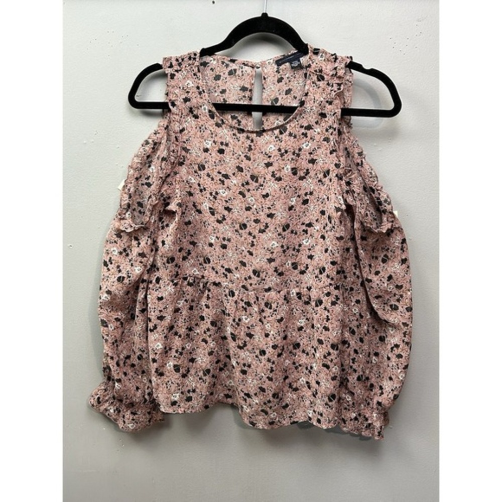 American Eagle Womens Small Pink Floral Cold Shoulder Ruffle Peplum Blouse Top